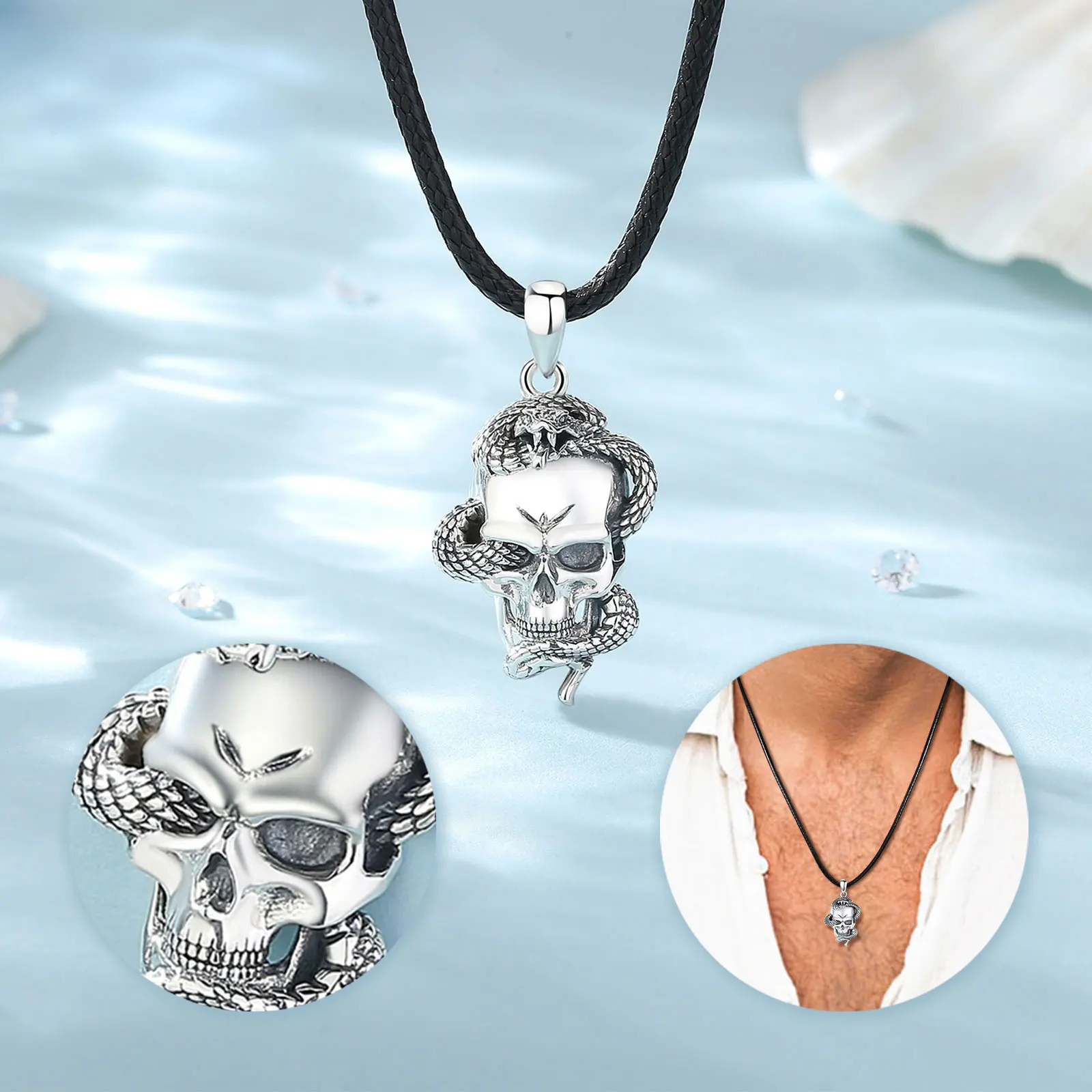 Merryshine 925 Sterling Silver Halloween Cool Gothic Punk Hip Hop Skull Jewelry Pendant Necklace for Men