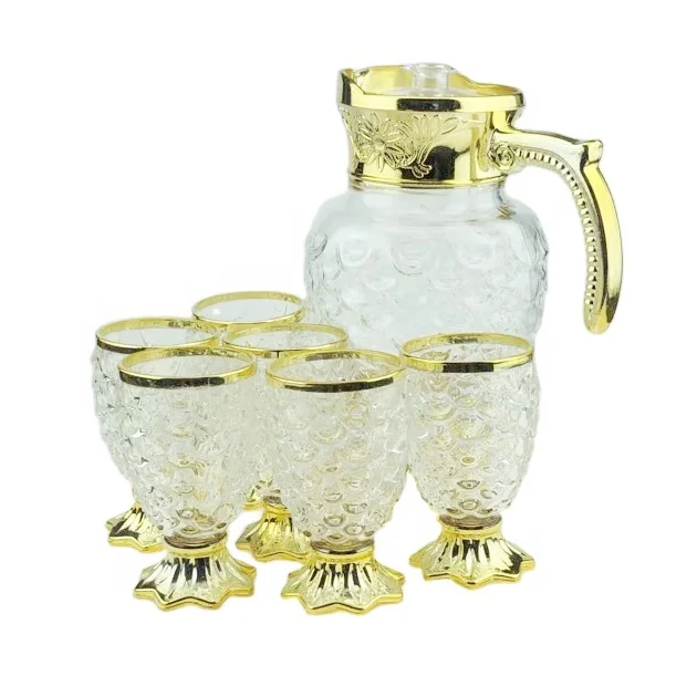 1.6L clear glass round water jar and 150ml glass cup set electroplate gold colour drinkware home bar dinning glassware