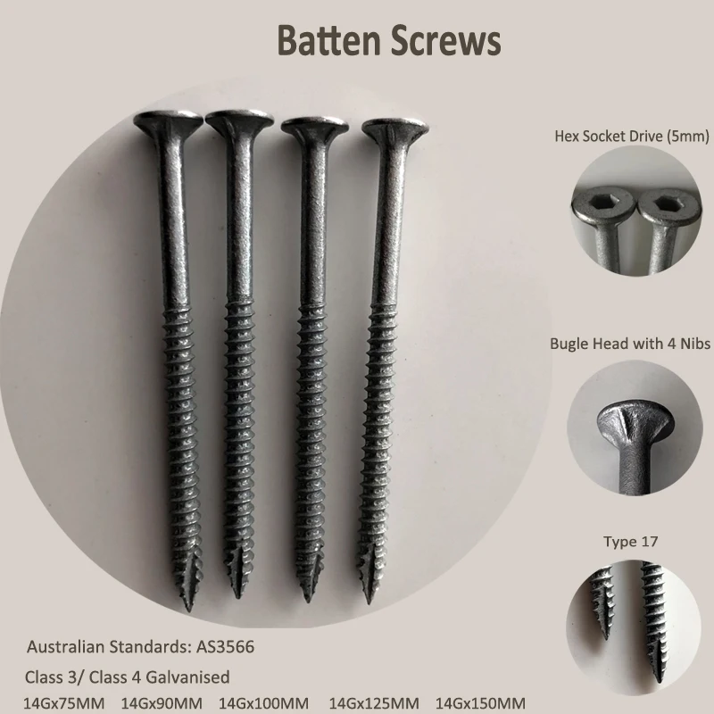  Bugle Head Socket Drive Batten Screws 14g-10 with Type 17