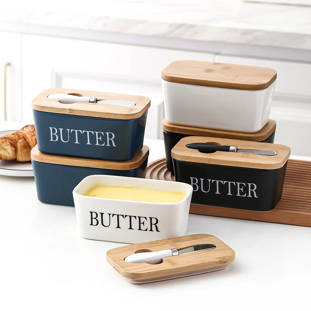 Rectangular sealed jar butter box with knife Western household cheese box ceramic butter box