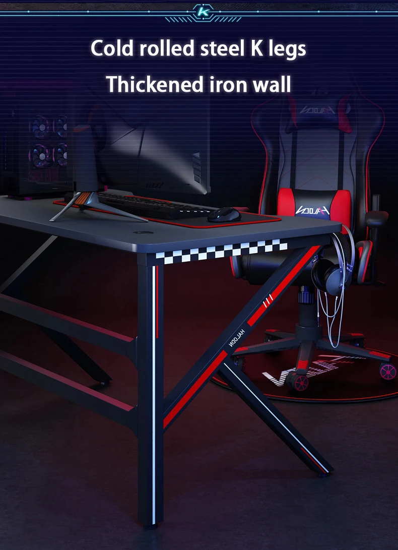 Hot Sale Pc Modern Furniture K Shaped Computer Black Gaming Desk With Cup Holder & Headphones Hook