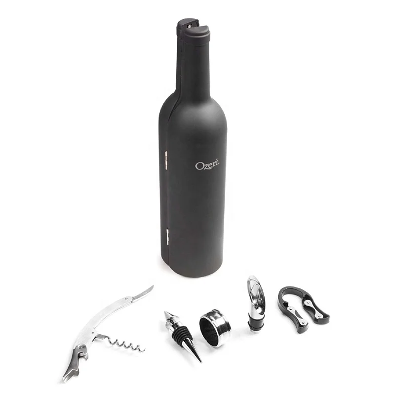 Hot selling 5pcs wine accessories gift set in ABS bottle shape case