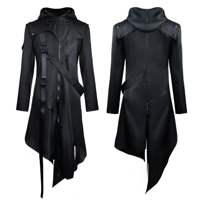 Halloween Gothic Punk Black Jackets Medieval Retro Men Knight Vampire Cosplay Costume Hooded Coat Outerwear Windbreaker