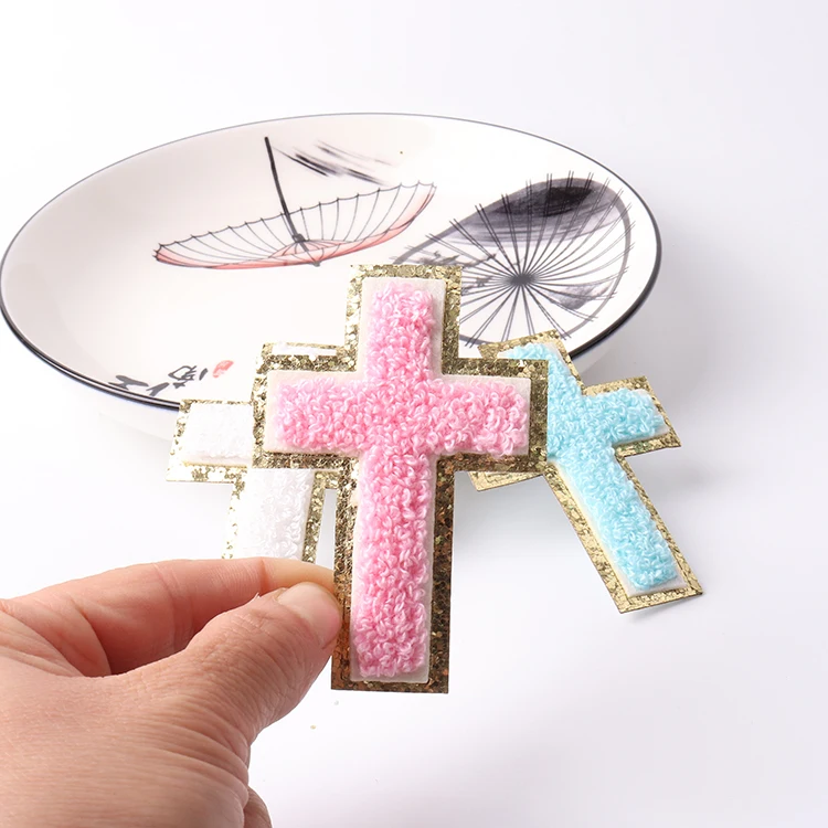 Wholesale Christian cross embroidery iron on patch silver glitter fuzzy chenille Jesus cross patch iron on for clothing hat