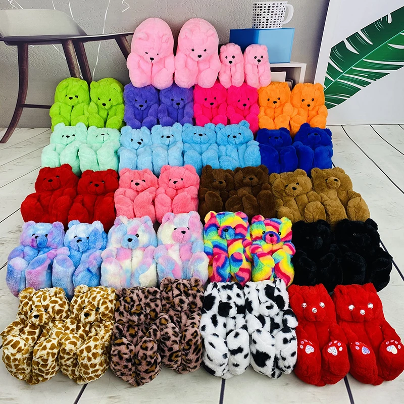 2022 new Cheap Fuzzy teddy Wholesale Plush Various Style Slippers House Teddy Bear Slippers for Women Kids