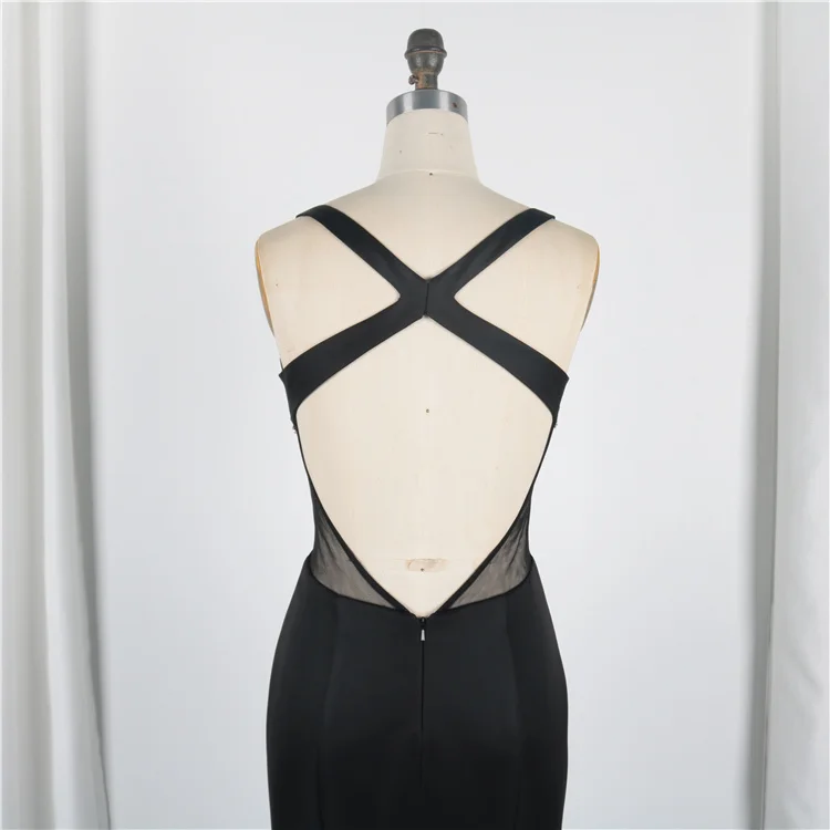 
Real Picture Elegant Deep V Neck Satin Beading Pleated Formal Black Sexy Mermaid Prom Birthday Dresses 