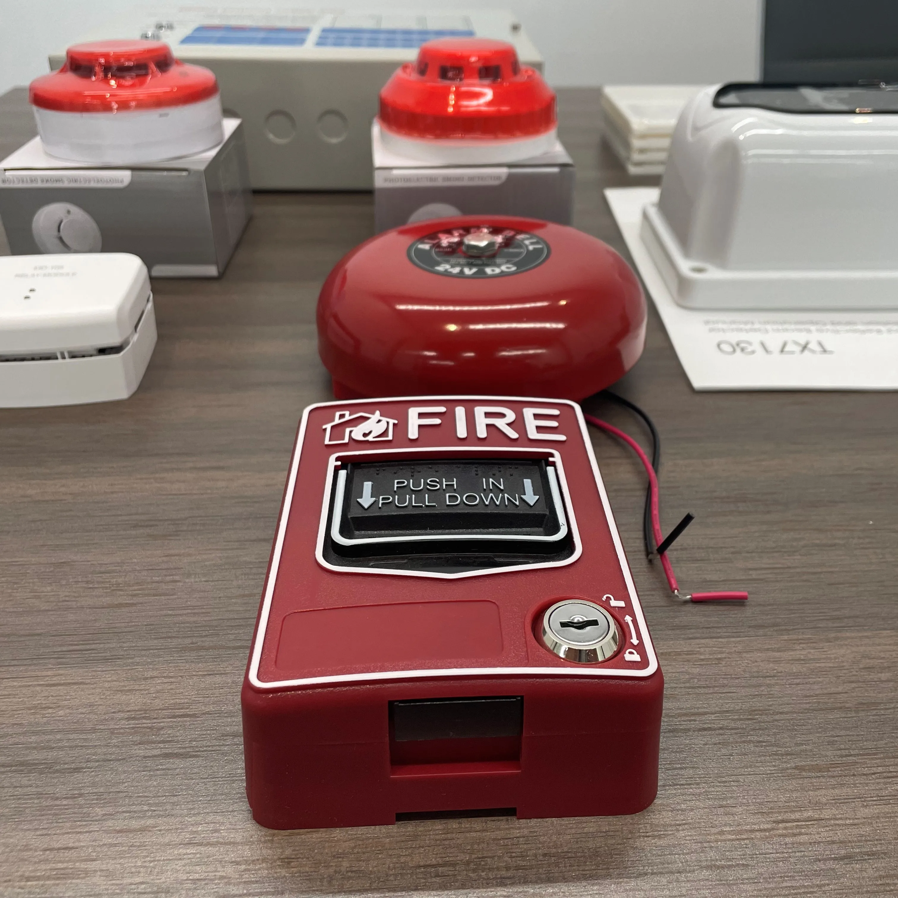 Fire alarm system manual call point, smoke detector, addressable & standalone type with key