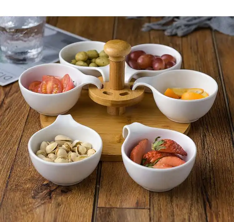 Creative Bamboo Snack Tray Dry Fruit Compartment Bowls Set Nordic Style Ceramic Snacks Bowl With Tray Stand
