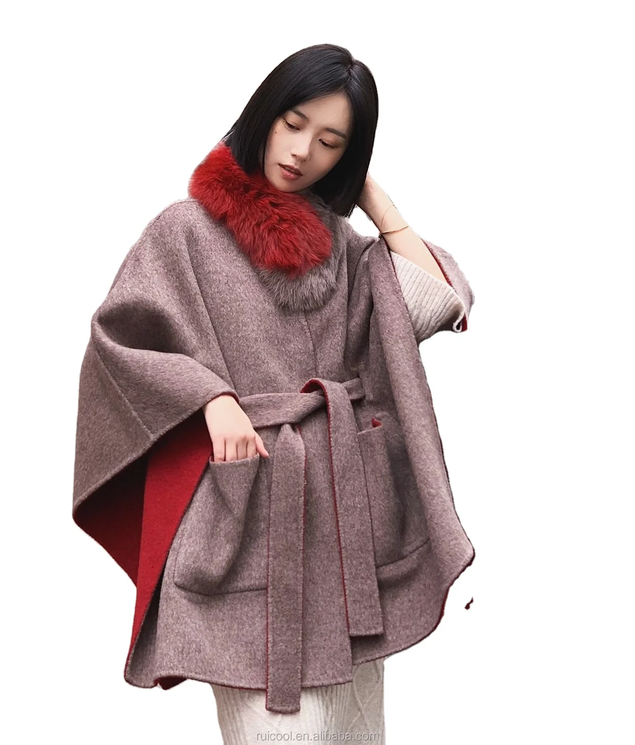 Women elegant winter alpaca cape coat with real fox fur scarf-reversible wool clock