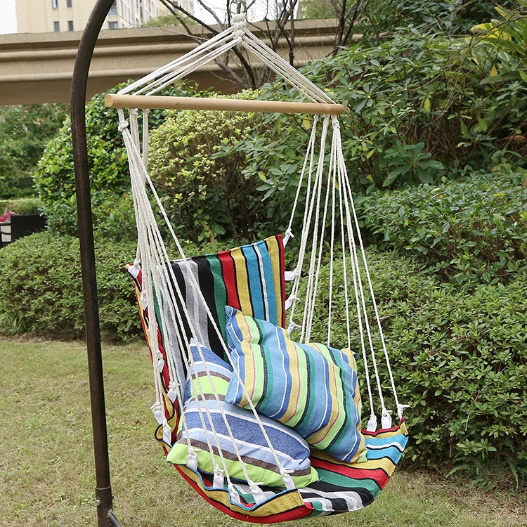 Outdoor Indoor Garden Patio Hanging Cotton Rope Folding Portable Hammock Chair Canvas Seat Chair With Wooden Stick