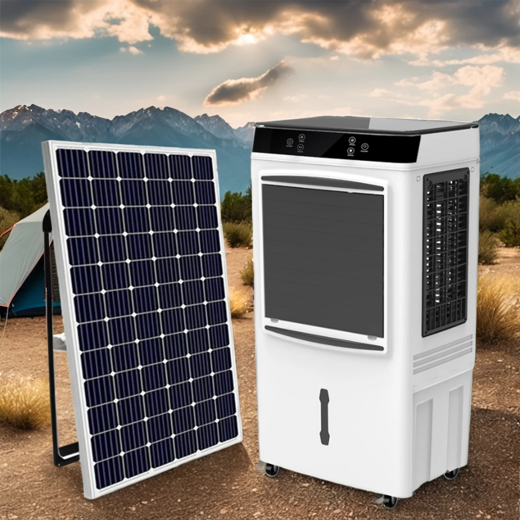 Portable 9-Speed  Solar Powered Air Conditioner Ice Box Evaporative Air Cooler Humidifier AC/DC Source Outdoors