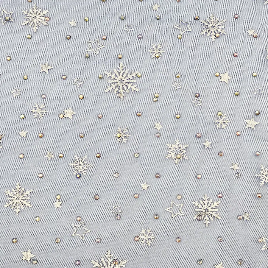 New Arrival kids elsa princess dress decorate cloth fancy glitter tulle snow printing mesh foil fabric with rhinestone