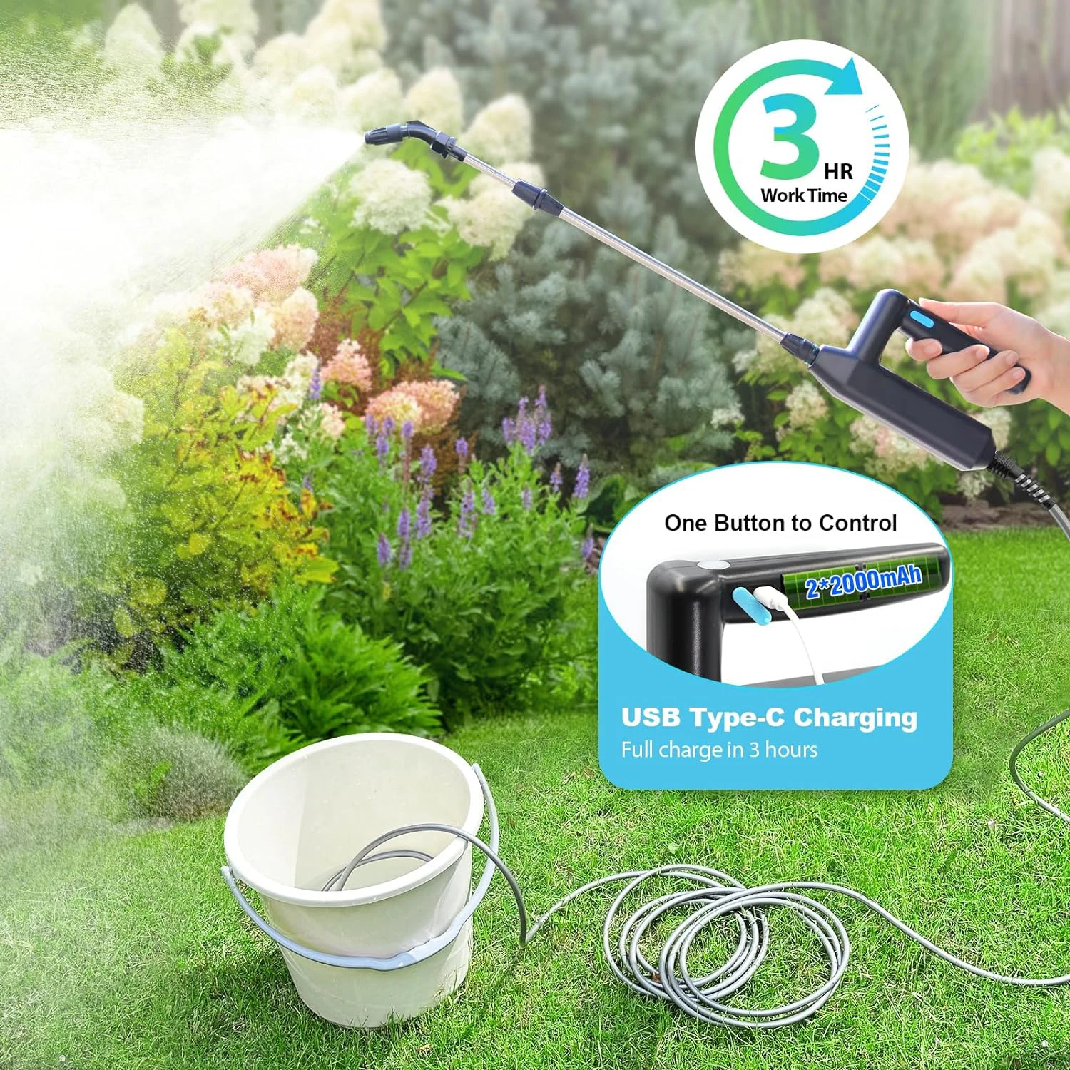 Battery Powered Stick Sprayer Wand 32 inch Telescopic Wand Rechargeable Battery Powered Electric Garden Watering Sprayer