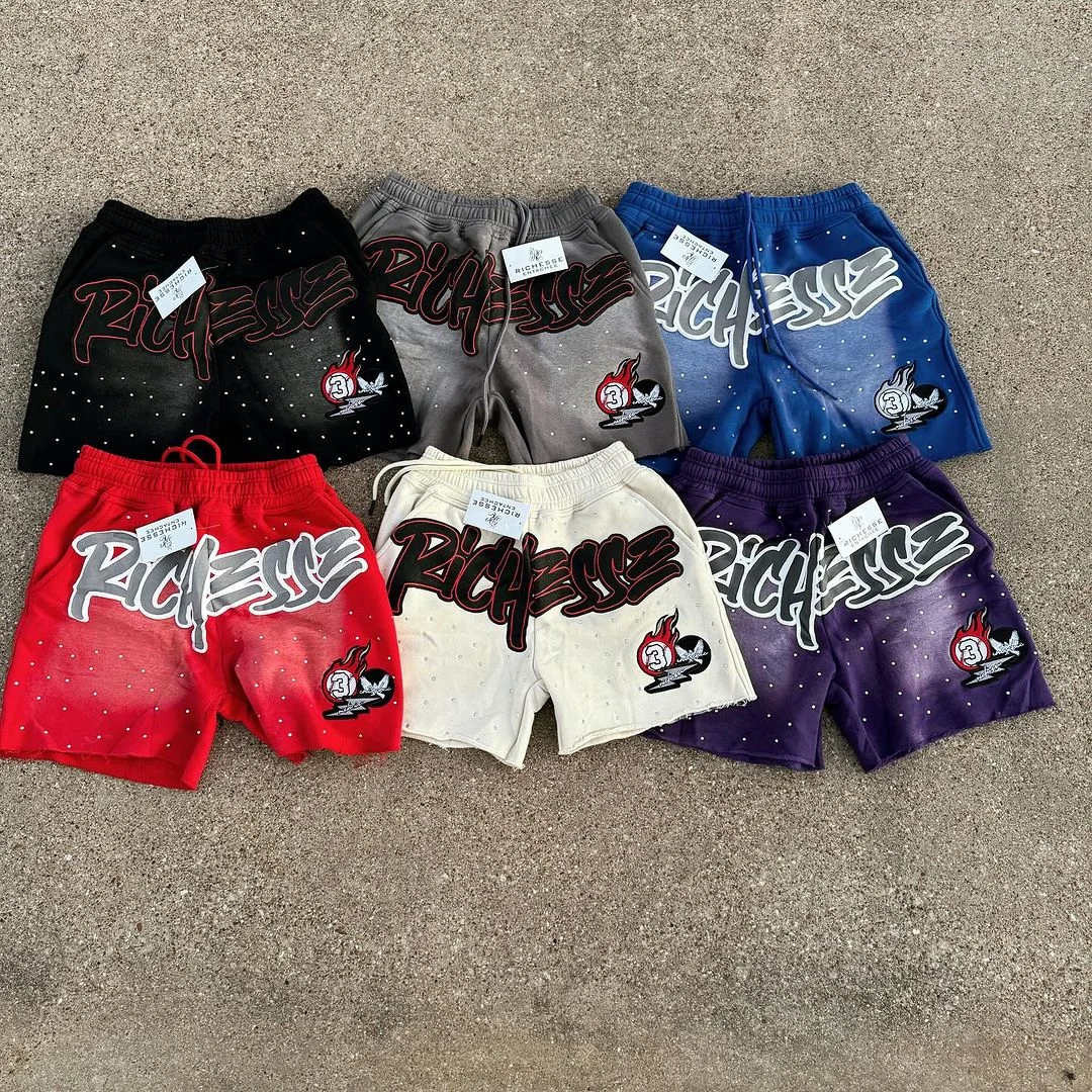 Custom Blank Acid Wash Shorts Distressed Vintage Black  Men French Terry Cotton Puff Printed Acid Wash Shorts