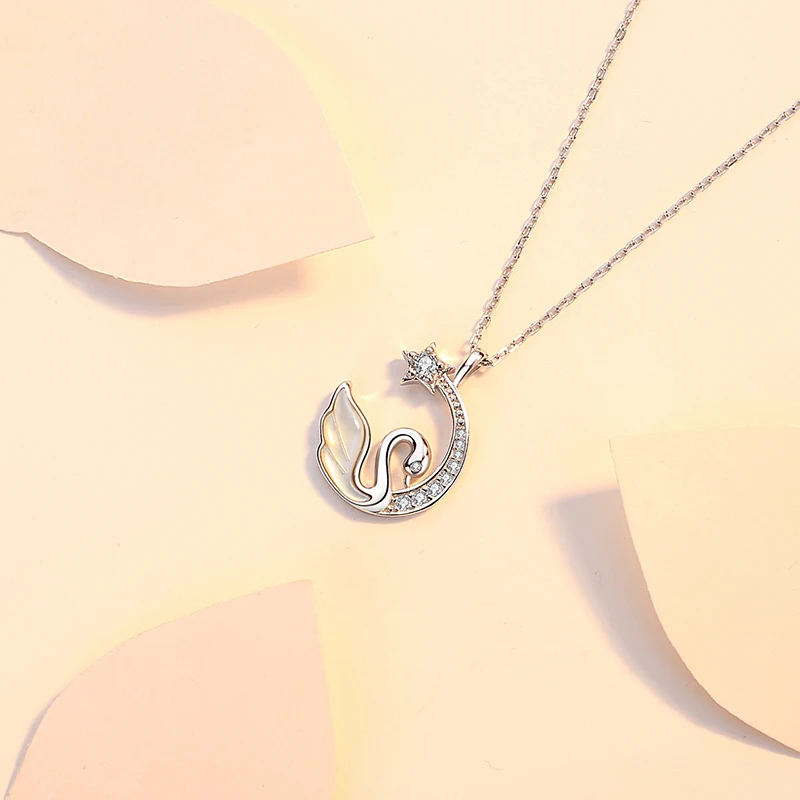 New Arrivals Zircon Star Moon Pendant Chain Necklace 925 Sterling Silver White Shell Swan Necklace