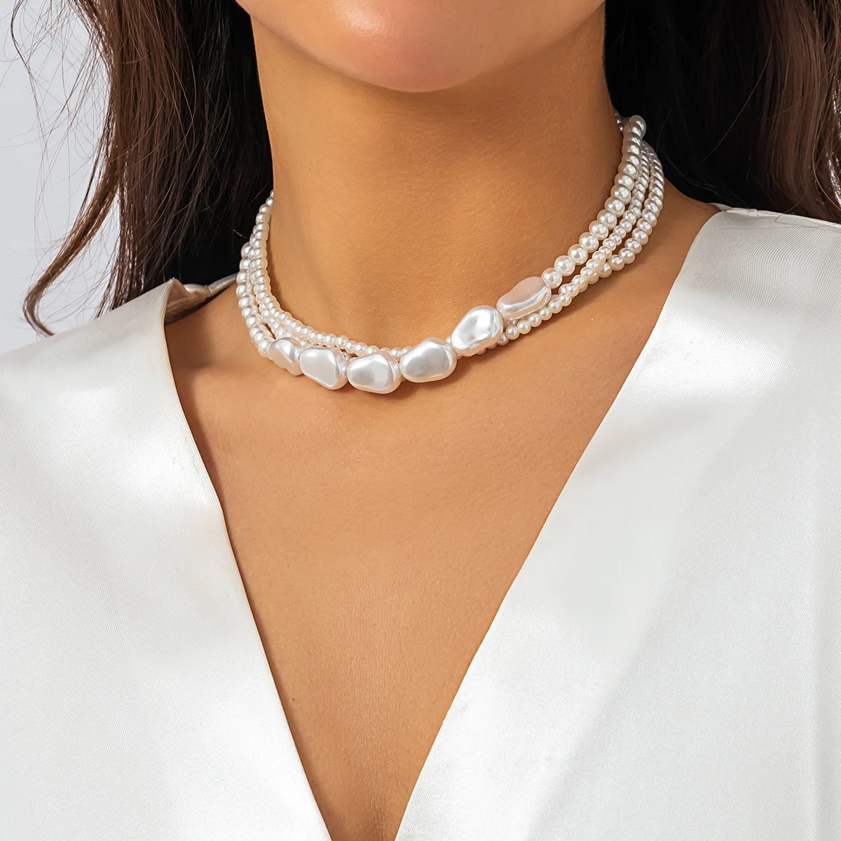 Dainty Elegant Chunky Chain Statement Jewelry Necklace White Imitation Pearl Layered Necklaces For Women