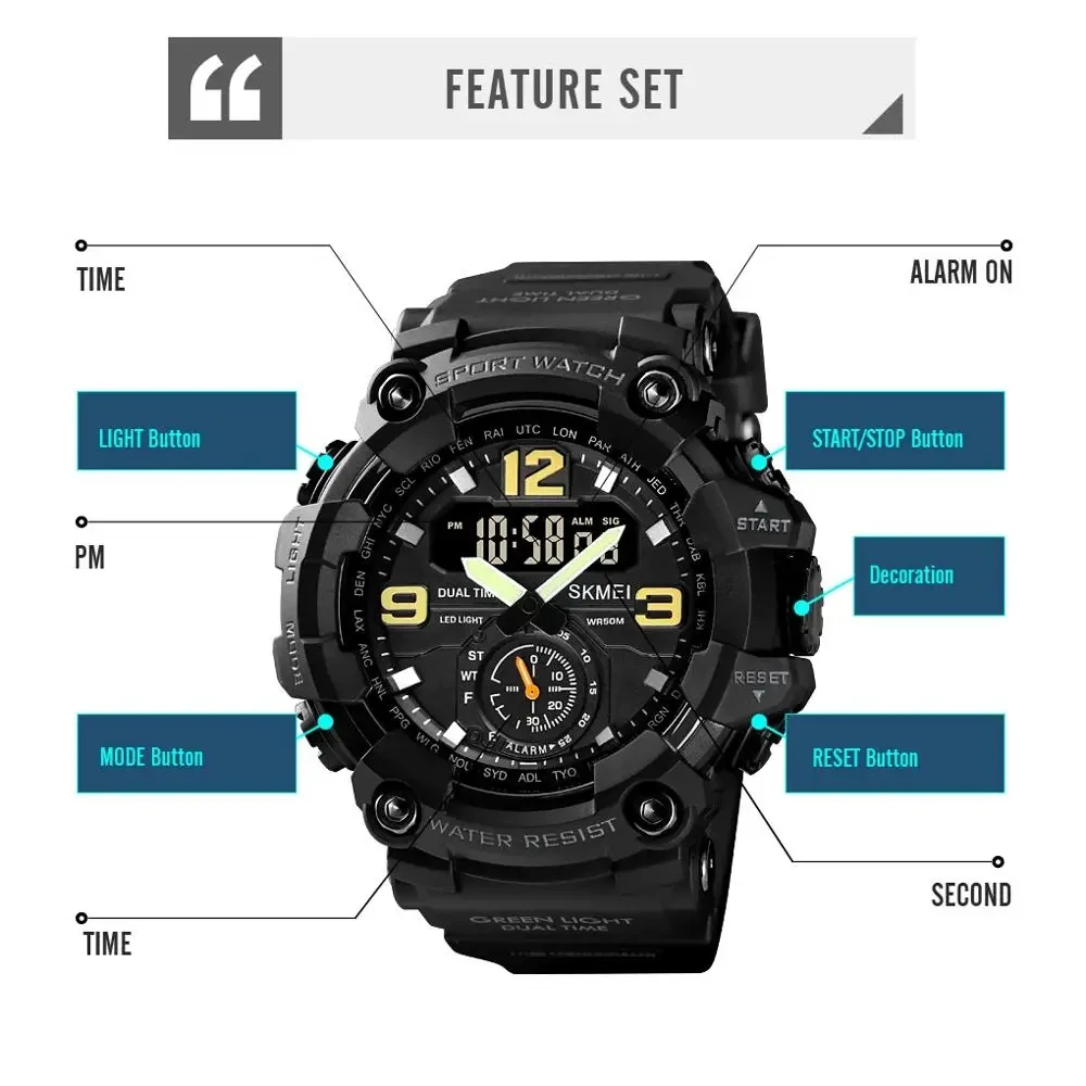 SKMEI 1637 Outdoor Military Men Watches Camouflage PU Waterproof Wristwatches Casual Sport Style Digital Dual Display Male Clock