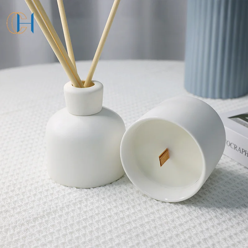 CH Luxury White Black Ceramic Jar Reed Diffuser Sets Custom Scent Essential Oil Stick Diffuser air freshener