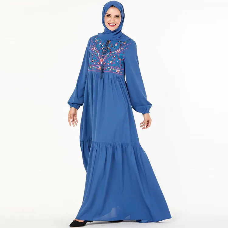 
MXCHAN Middle Eastern Blue embroidery abaya muslim dresses maxi abaya designs dubai 