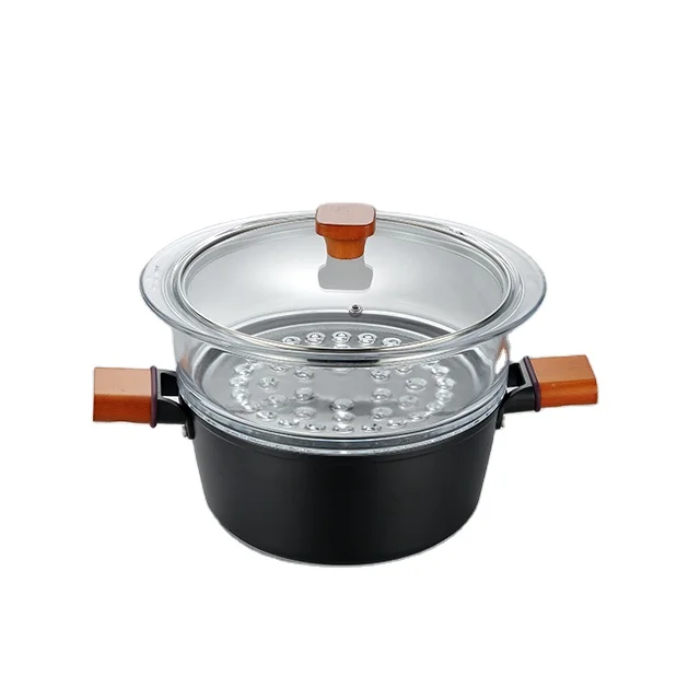 Набор алюминиевых кастрюль с деревянной ручкой и пароваркой из боросиликатного стекла антипригарная