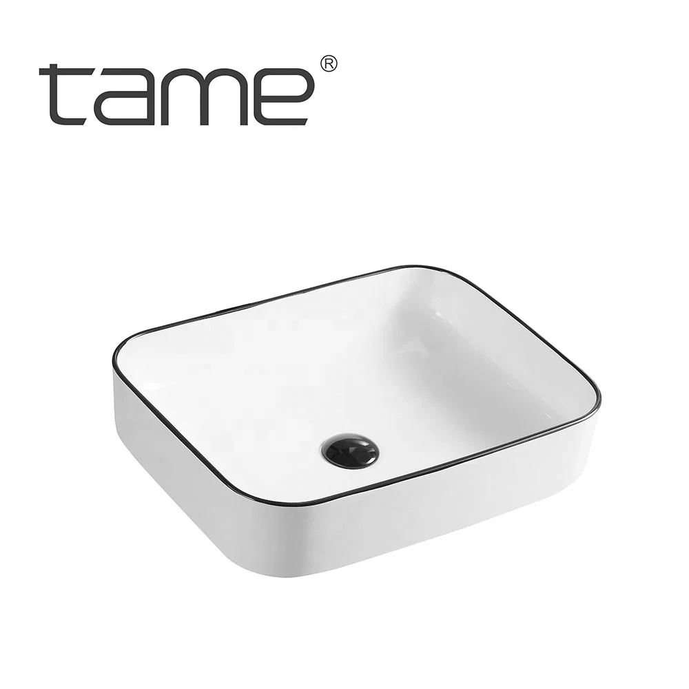 TAME PZ6127-L3 Bathroom Rectangular Ceramic White Color Black Line Counter Table Top Washbasin For Washing Hands