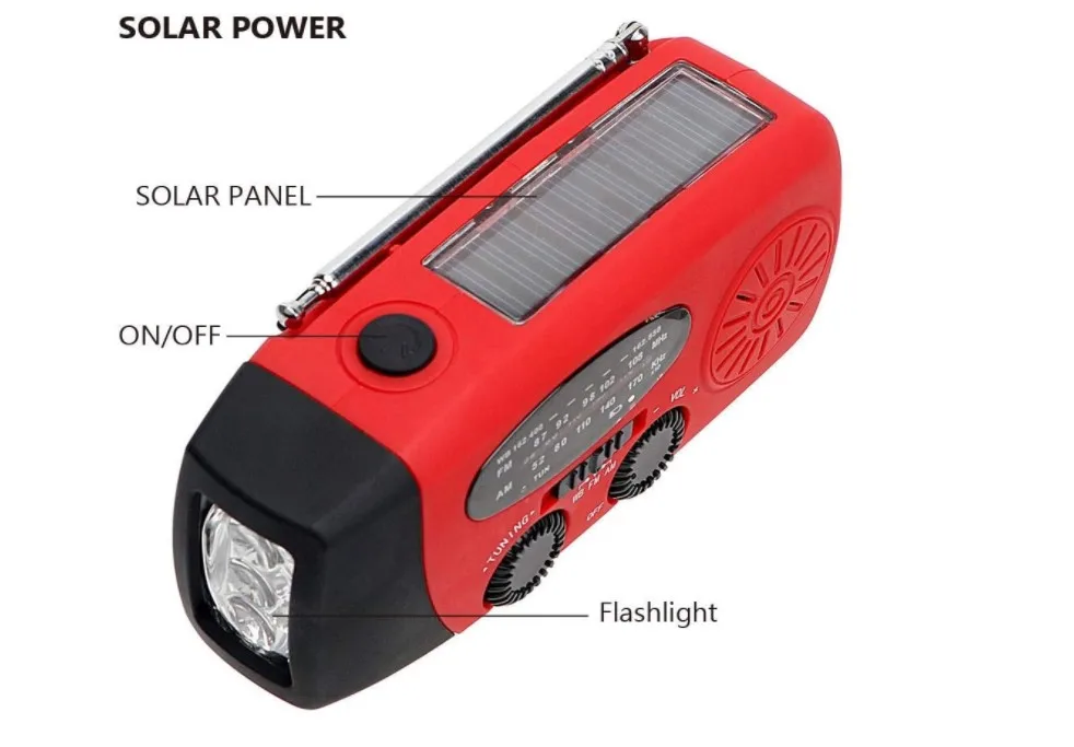 Emergency Hand Crank Portable Solar Radio with Flashlight & 2000mAh Phone Charging