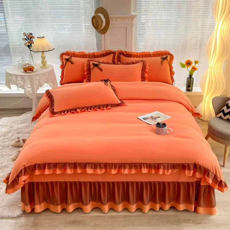 Cotton and linen four-piece set simple solid color washable quilt set bed linen