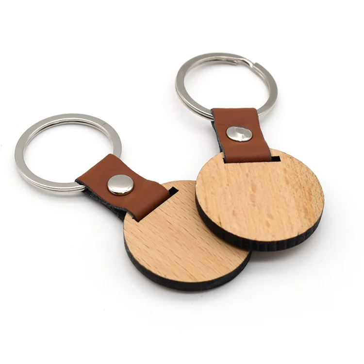 Custom Logo Blank Wooden Keychain Handmade Round Shape Keyring With Split Key Ring Leather
