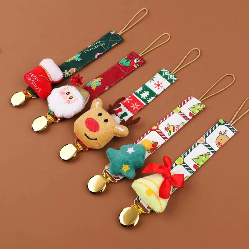 Cotton Fabric beech wood clip with Christmas stocking baby Pacifier clips chain Newborn pacifier clips holder