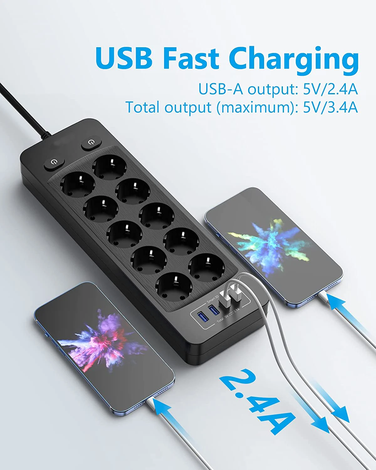 2500W 10A Power Strip Switch EU Plug Sockets With 2M Extension Cord Surge Protector 10 AC Outlets 4 USB Charging