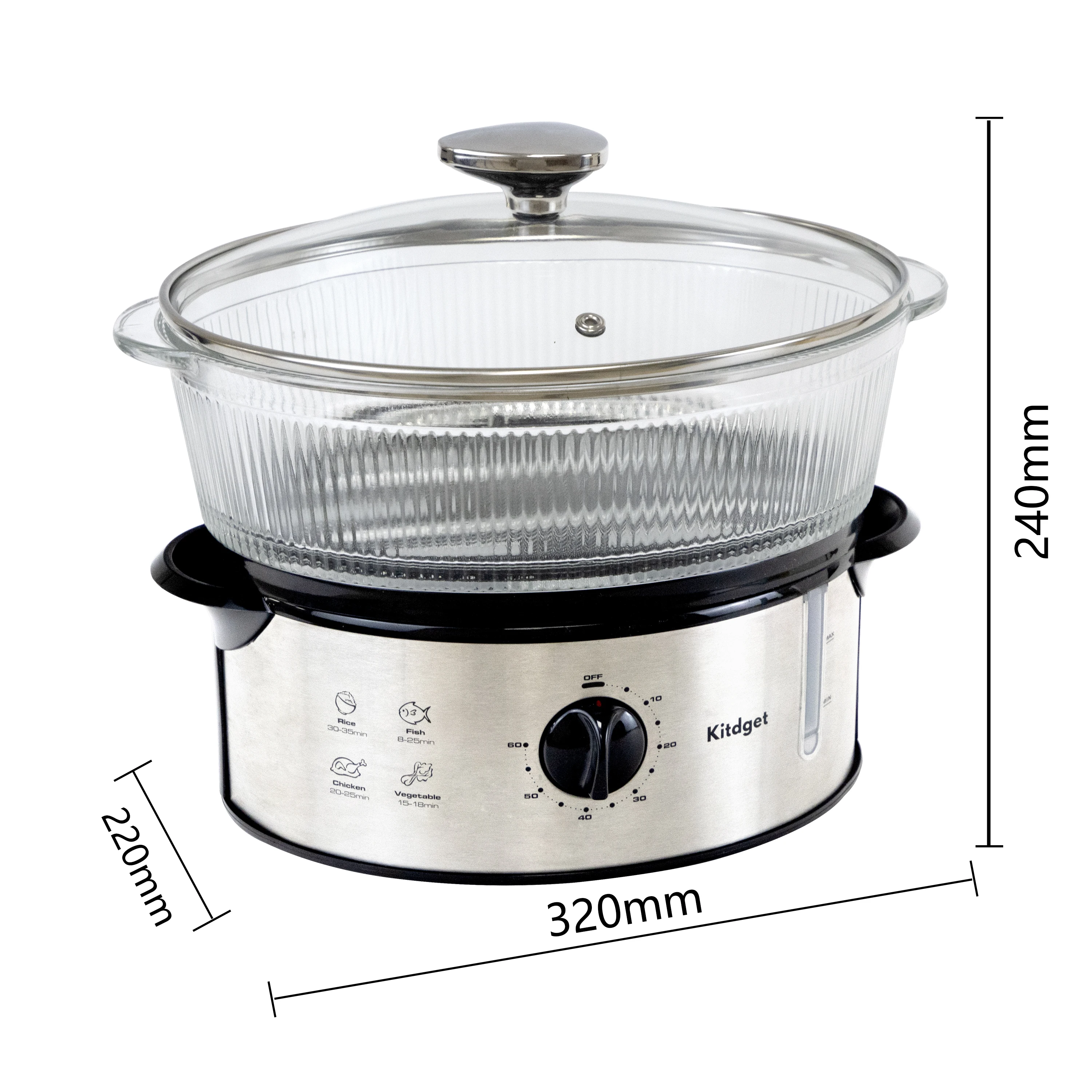 Best Selling OEM ODM Single Layers Cuisseur A La Vapeur Household Cooker Transparent Glass Stainless Steel Electric Food Steamer