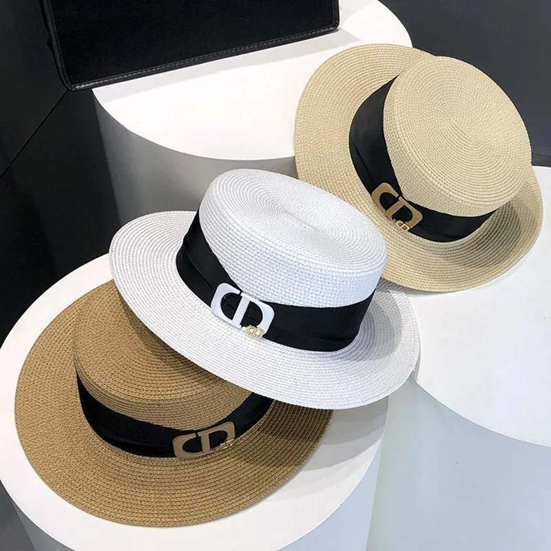HT-2588 Wholesale Plain Flat Brim Flower Straw Hat Women Spring and Summer Outdoor Sunshade Fedora Fisherman Bucket Hats