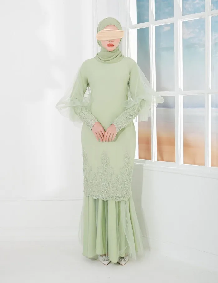 SIPO Premium Chiffon with Beads Lace Embroidery Design Solid Color Long Sleeves Half Net Fabric for Malaysia Muslim Baju Kurung