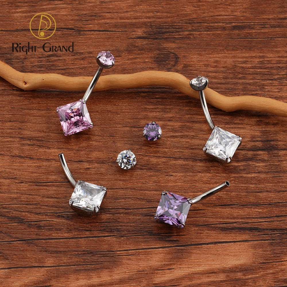 Right Grand ASTM F136 Titanium 14G Belly Button Ring Internally Threaded Navel Barbell Piercing with Square Cubic Zirconia