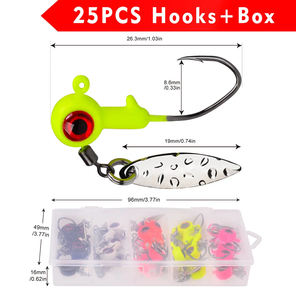 Fly Tying Bass Crappie Round Jigging Head Hooks 1/8 1/16 1/32oz 25pack Fishing Jig Heads Kits for with Box