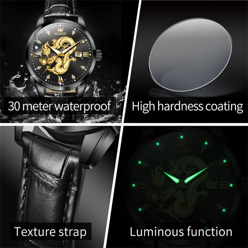OLEVS 3619 OEM Reloj De Dragon Real 3D Custom Water Resistant Draken Horloge Gold Dragon Watch Men