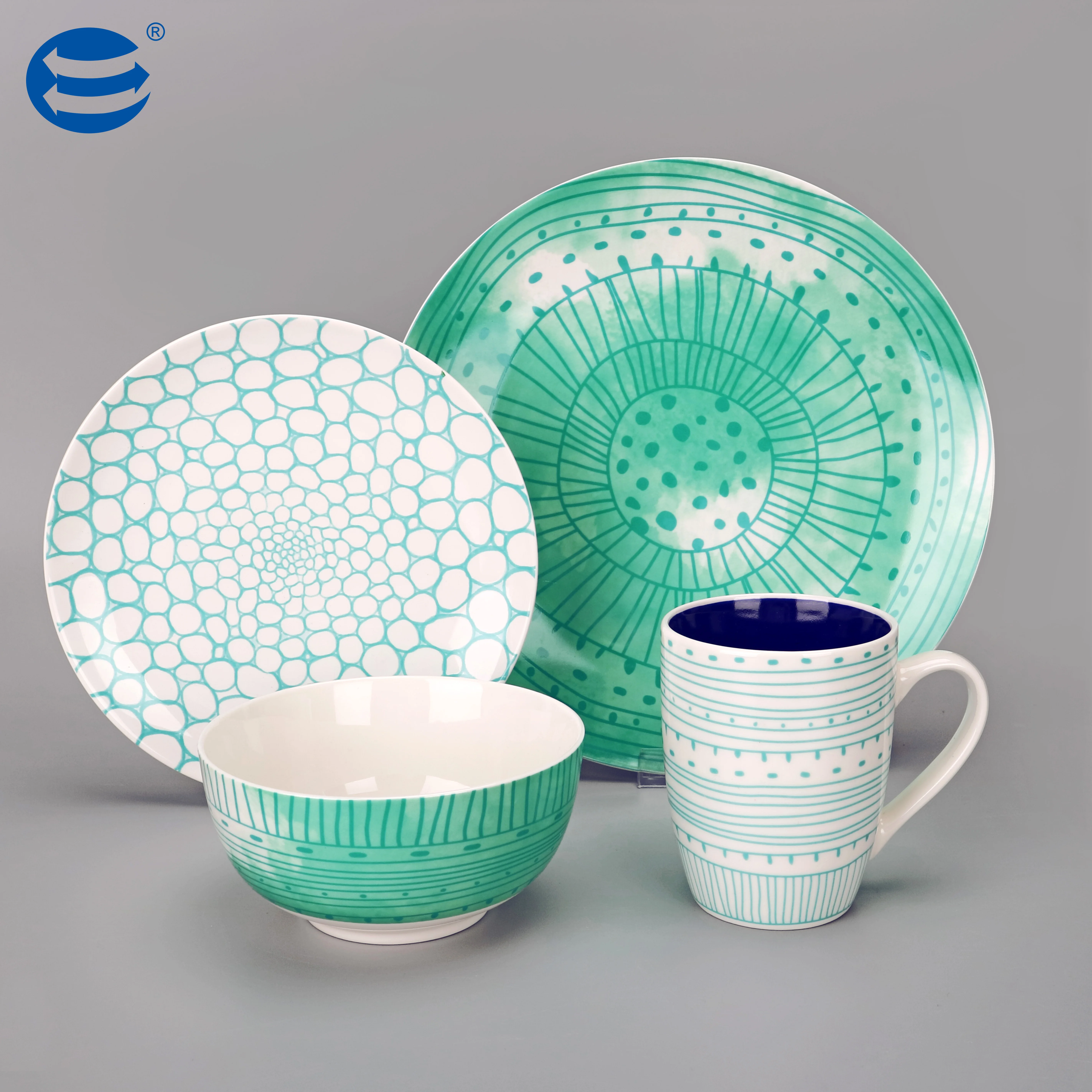 High Quality Bone China Tableware Set Green Decal Ceramic Dinnerware Eco-Friendly Porcelain Plate Mug Collection Green Decal