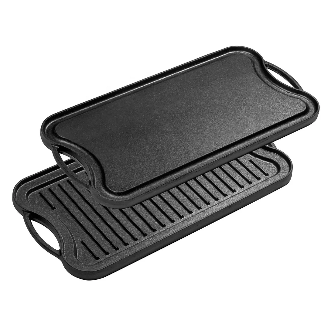 rectangle pre seasoned cast iron rectangular double sided reversible bbq grill pan griddle plate and flat surface non stick