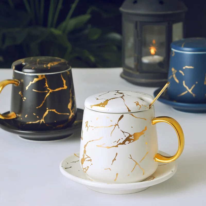  Роскошная черная матовая мраморная кофейная керамическая кружка чашка с блюдцем тарелкой крышкой