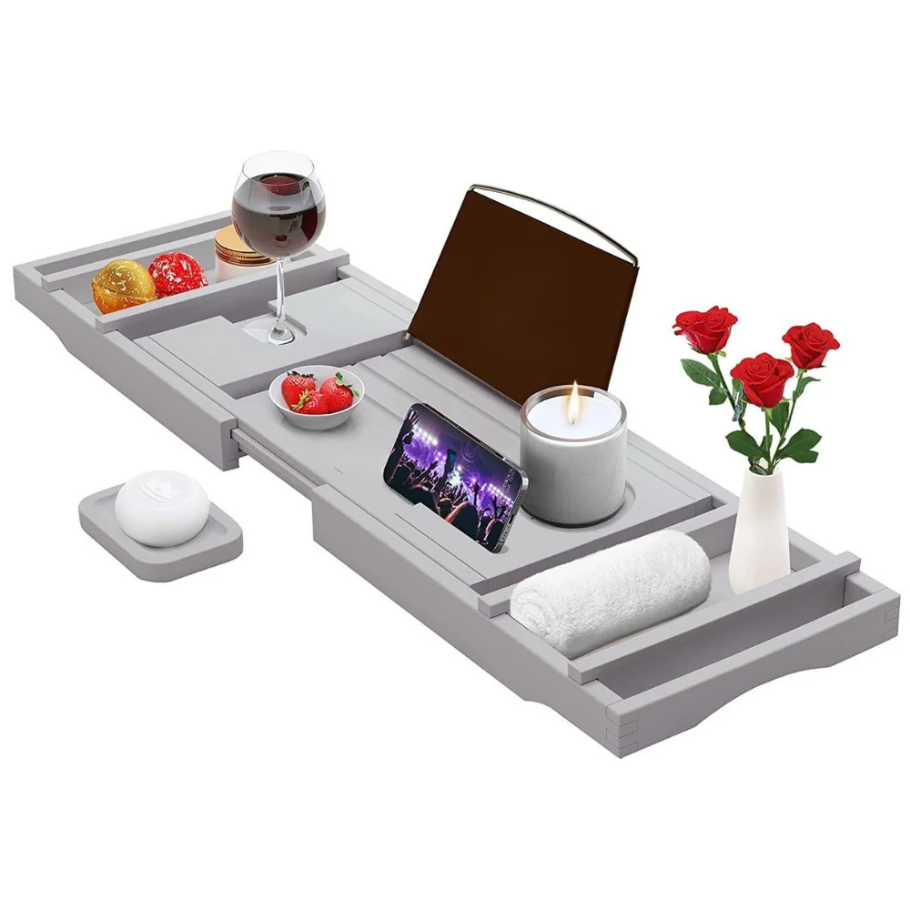 Wholesale Bathroom Luxury Bamboo Bathtub Caddy Tray Wood Expandable Bath Tray