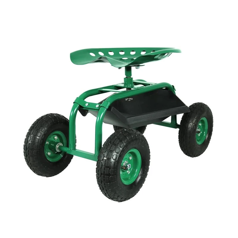 Green Rolling Garden Cart with 360 Degree Swivel Seat & Tray