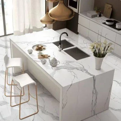 Snow white series sintered stone dining table and countertops can be customized in various sizes. Matching floor tiles are fashi