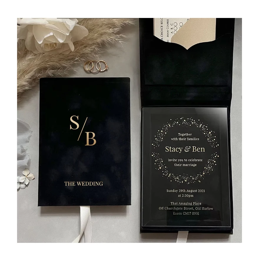 High Quality Free Design Acrylic Invites mariage Luxury Hardcover Black Box Velvet Invitation Bridal Gift Boxes