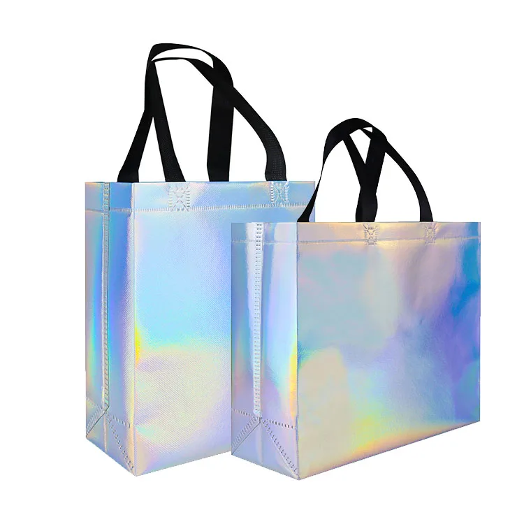 Custom reusable foldable custom logo non woven tote bag Multicolor Small Gift Bags Glossy Hologram Goodie Bags