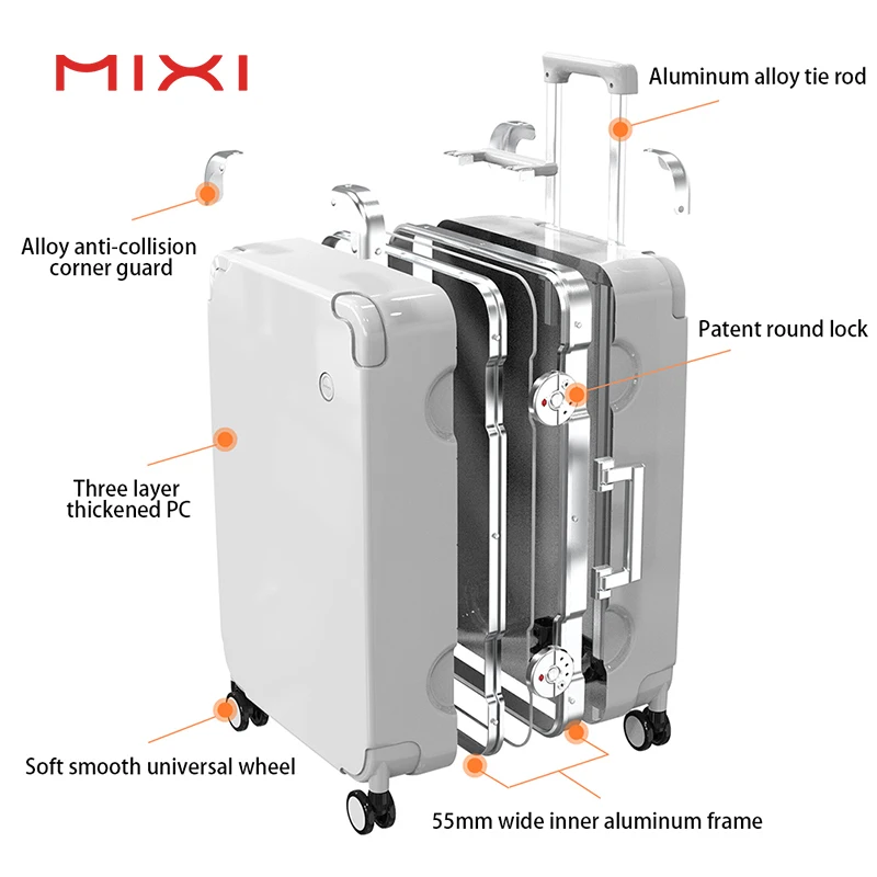 Mixi High Quality PC Material Suitcase Spinner Wheel Business Luggage For Travel Luxury Carry-on Aluminum Trolley Case With Lock