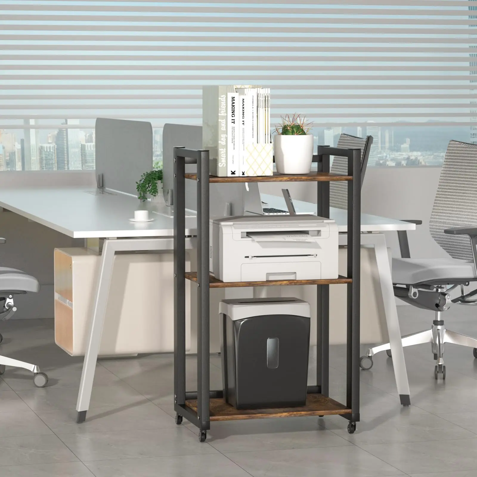 Home Office Fax Machine Scanner Files Adjustable Storage Shelf Rack 3 Tier Movable Printer Stand With Wheels