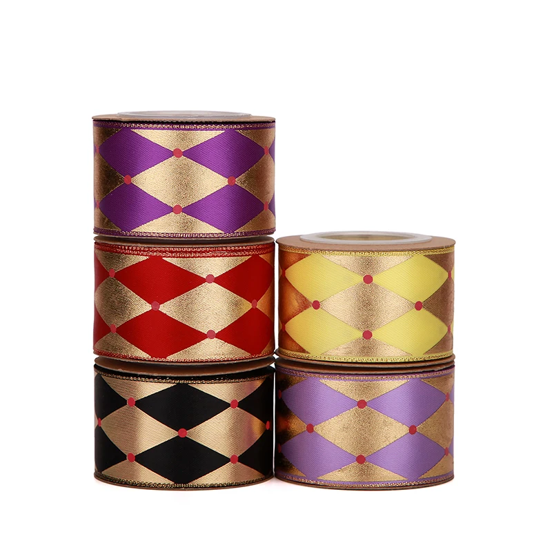 Satin Gold Foil Retro Floral 3 Inch Embossed Floral Logo Flower Business Brand Name  Custom Printed Ribbon