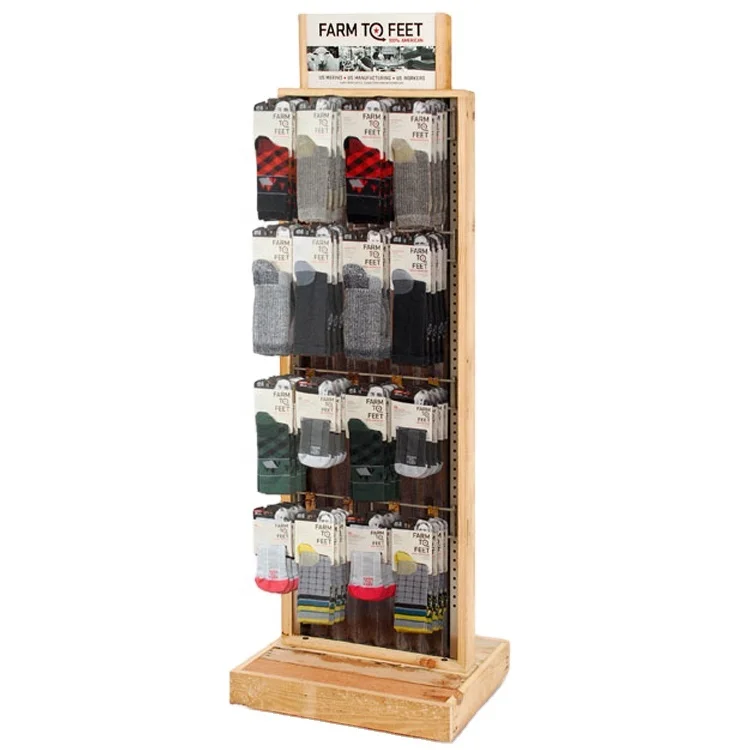 Free Standing Wooden Display Racks with Hooks for Shops Floor Sports Product Hanging Socks Display Stands