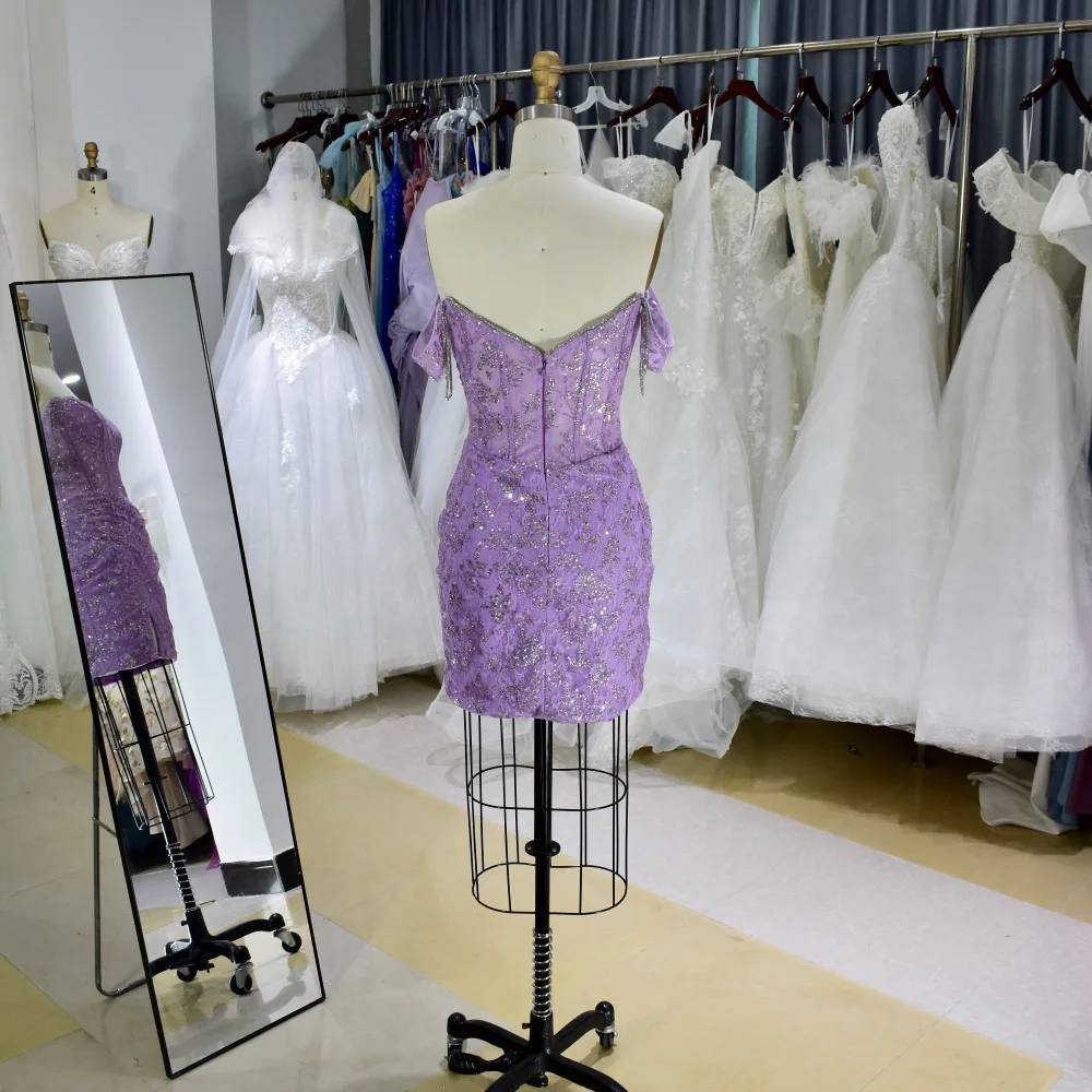 Wholesale new purple off-shoulder hand-pleated high-quality evening dress sexy mini skirt cocktail party dress
