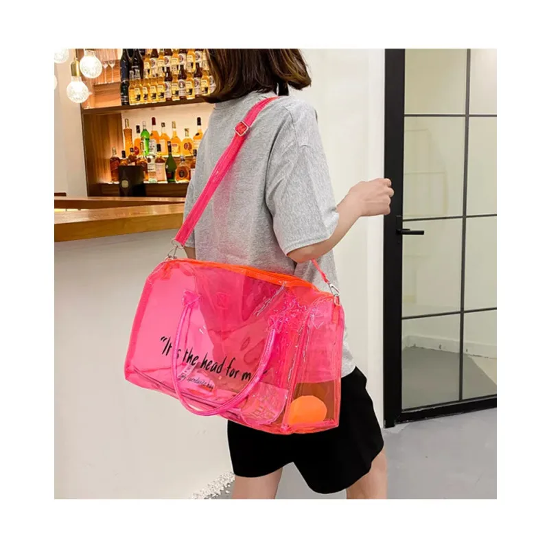 2023 Outdoor Sport Letter Transparent Plastic Dust-Proof Pvc Fashion Shopping Bag Unisex Voyage Travel Bags